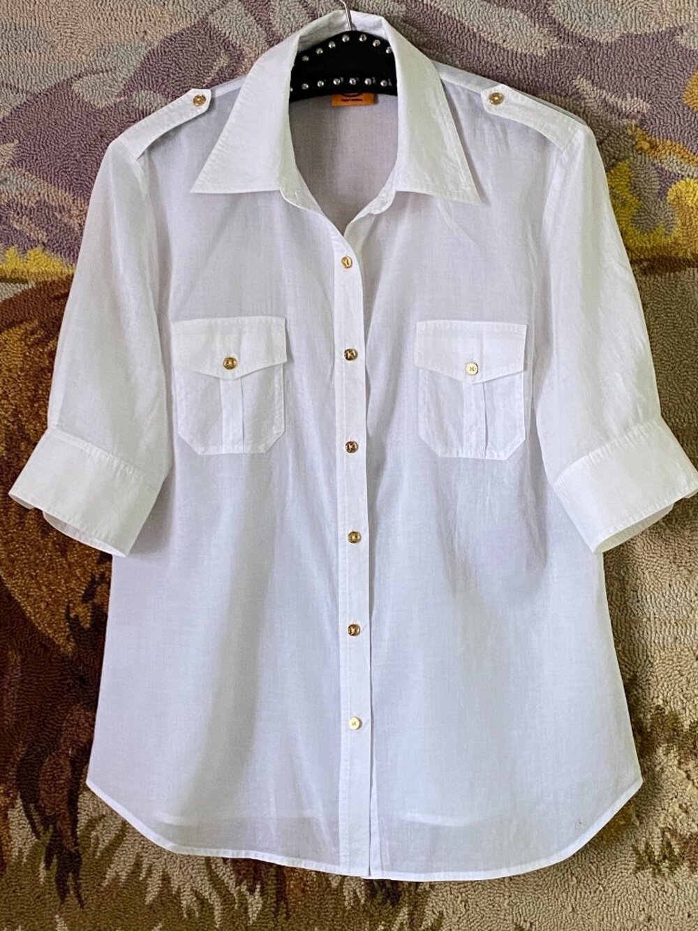 Tory Burch Sz 12 L White Semi Sheer Blouse Button Up Shirt Short Sleeve Pockets